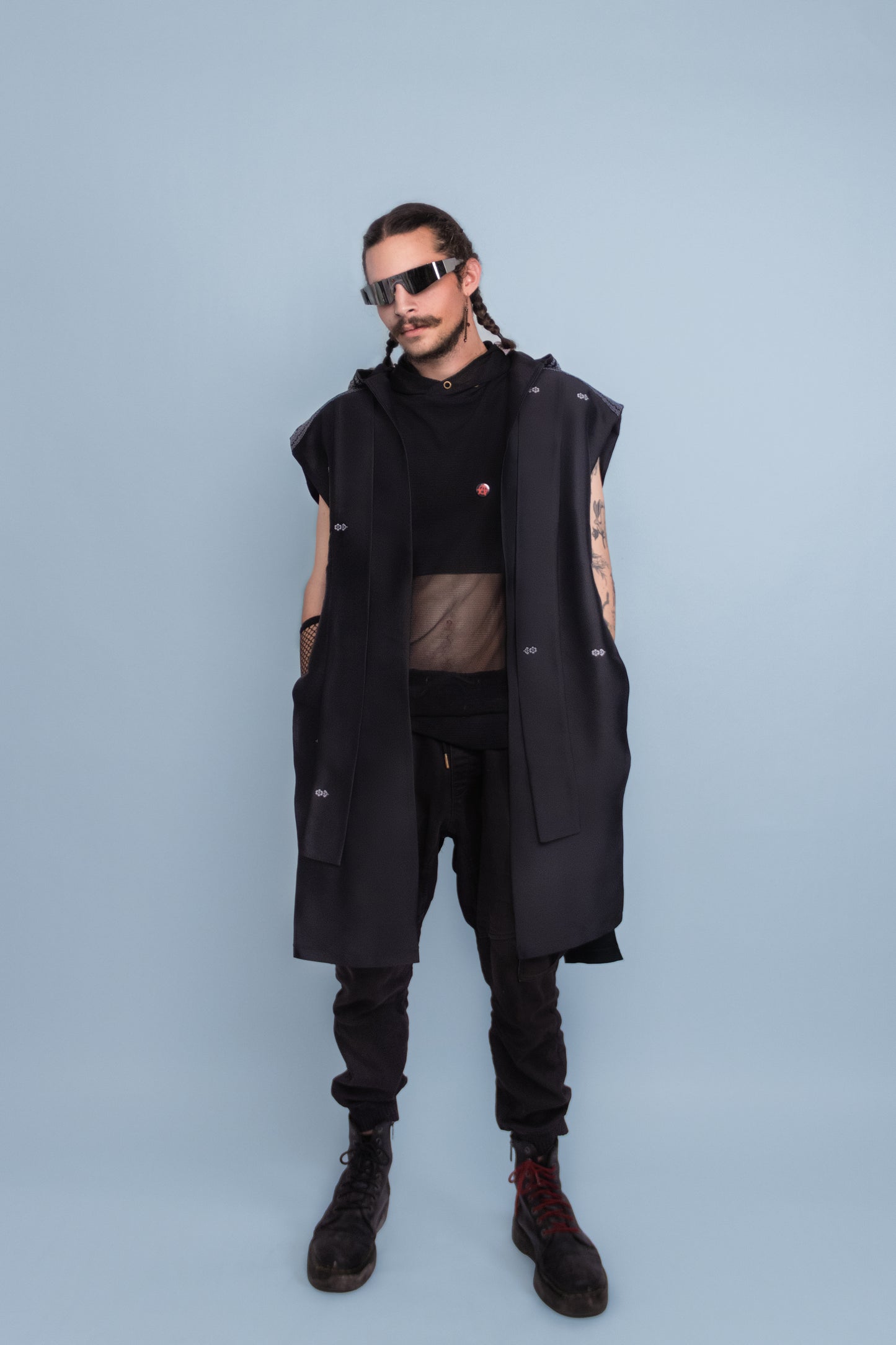 Shadow Black Sleeveless Hooded Cloak - Cambodian Blended Silk - Unisex