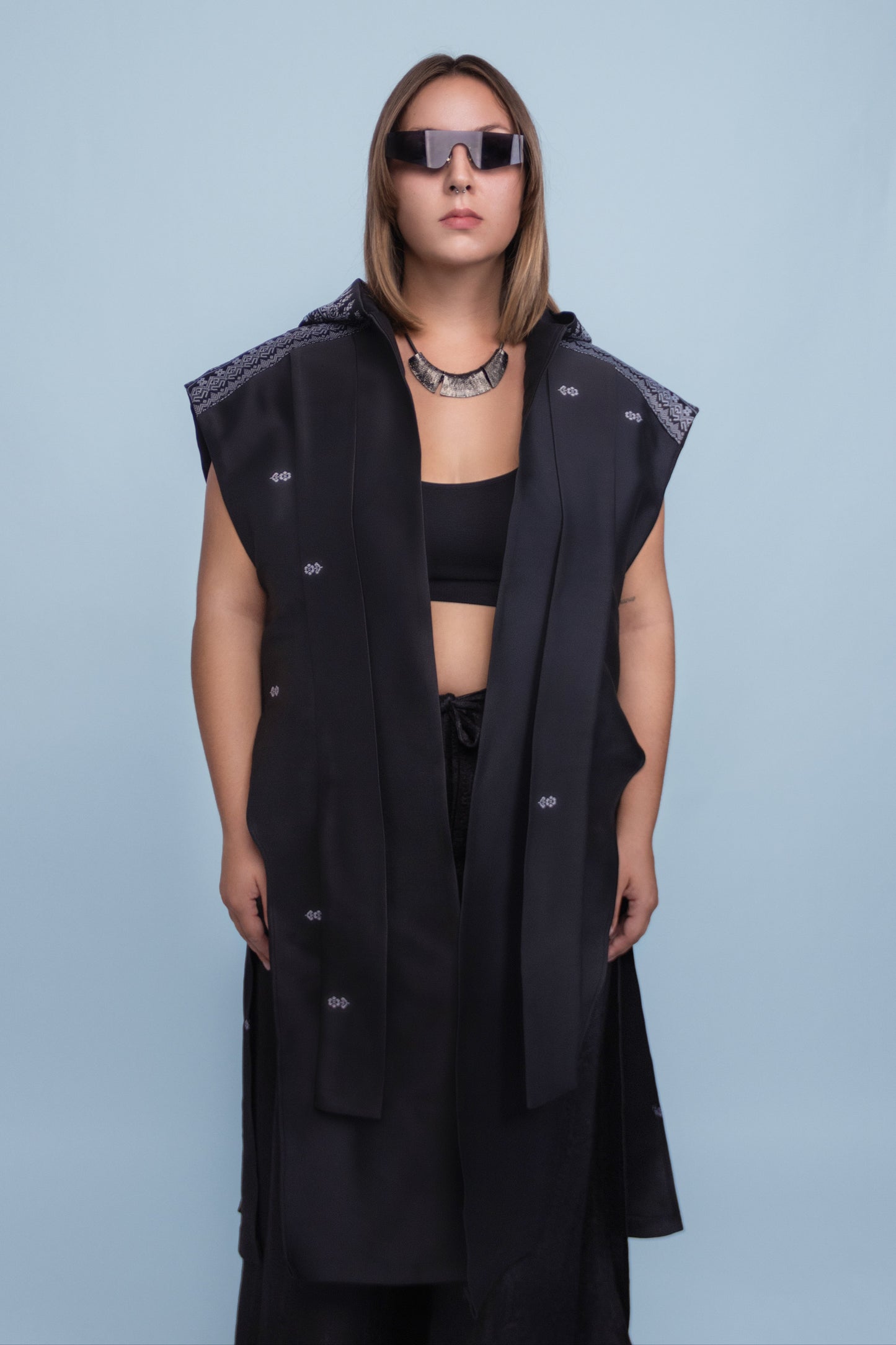 Shadow Black Sleeveless Hooded Cloak - Cambodian Blended Silk - Unisex