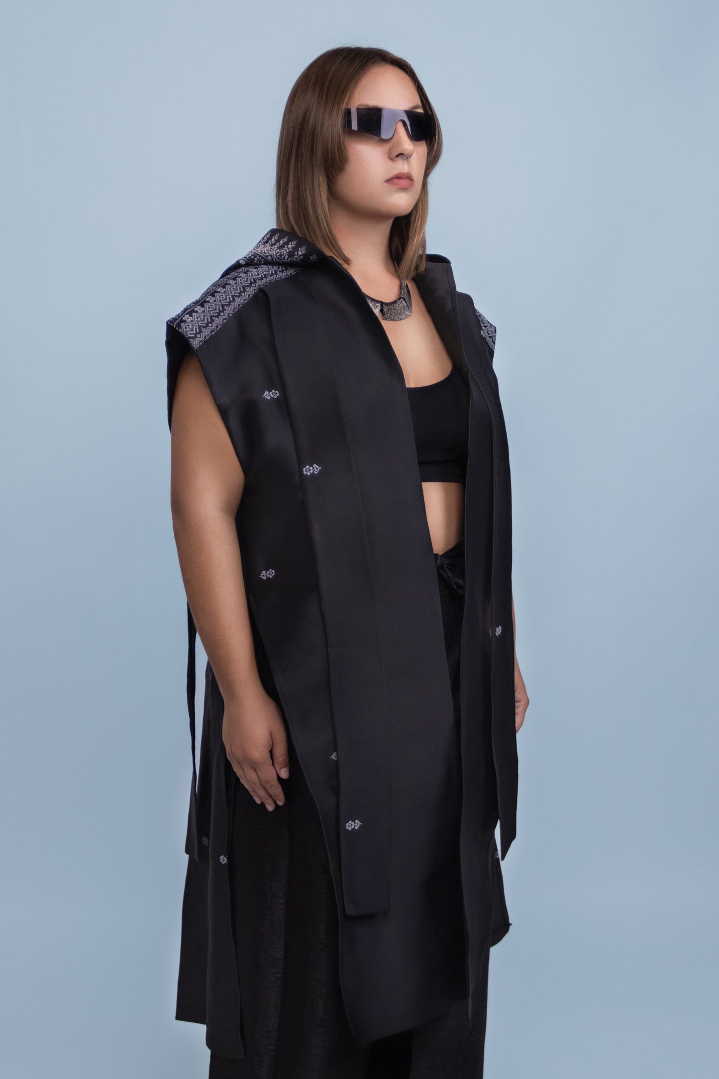 Shadow Black Sleeveless Hooded Cloak - Cambodian Blended Silk - Unisex