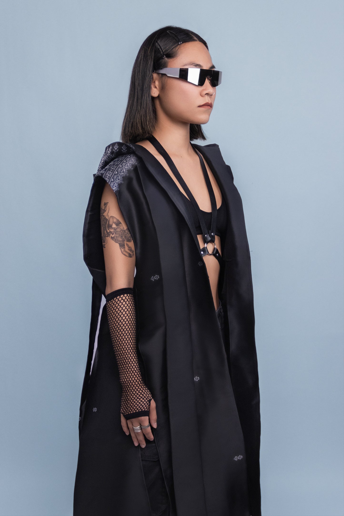 Shadow Black Sleeveless Hooded Cloak - Cambodian Blended Silk - Unisex