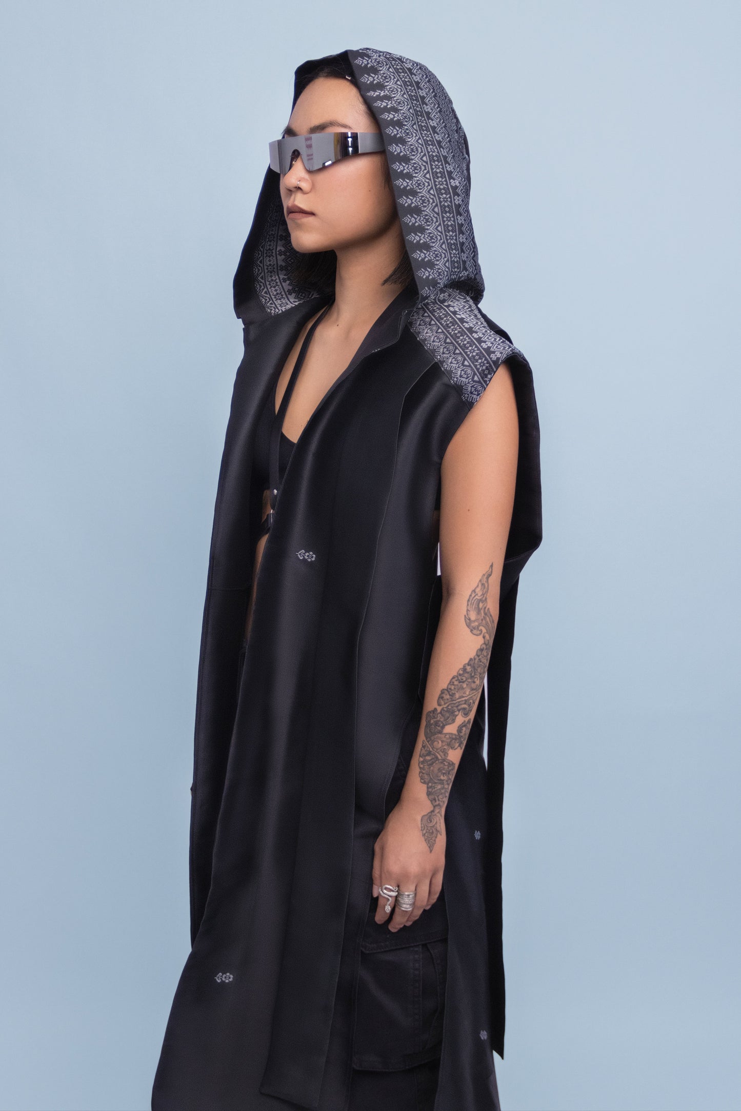 Shadow Black Sleeveless Hooded Cloak - Cambodian Blended Silk - Unisex