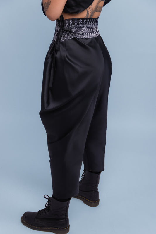 Dynasty Black Adjustable Wrap Pants - Cambodian Blended Silk - Unisex Free Size