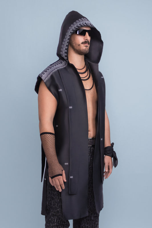 Shadow Black Sleeveless Hooded Cloak - Cambodian Blended Silk - Unisex