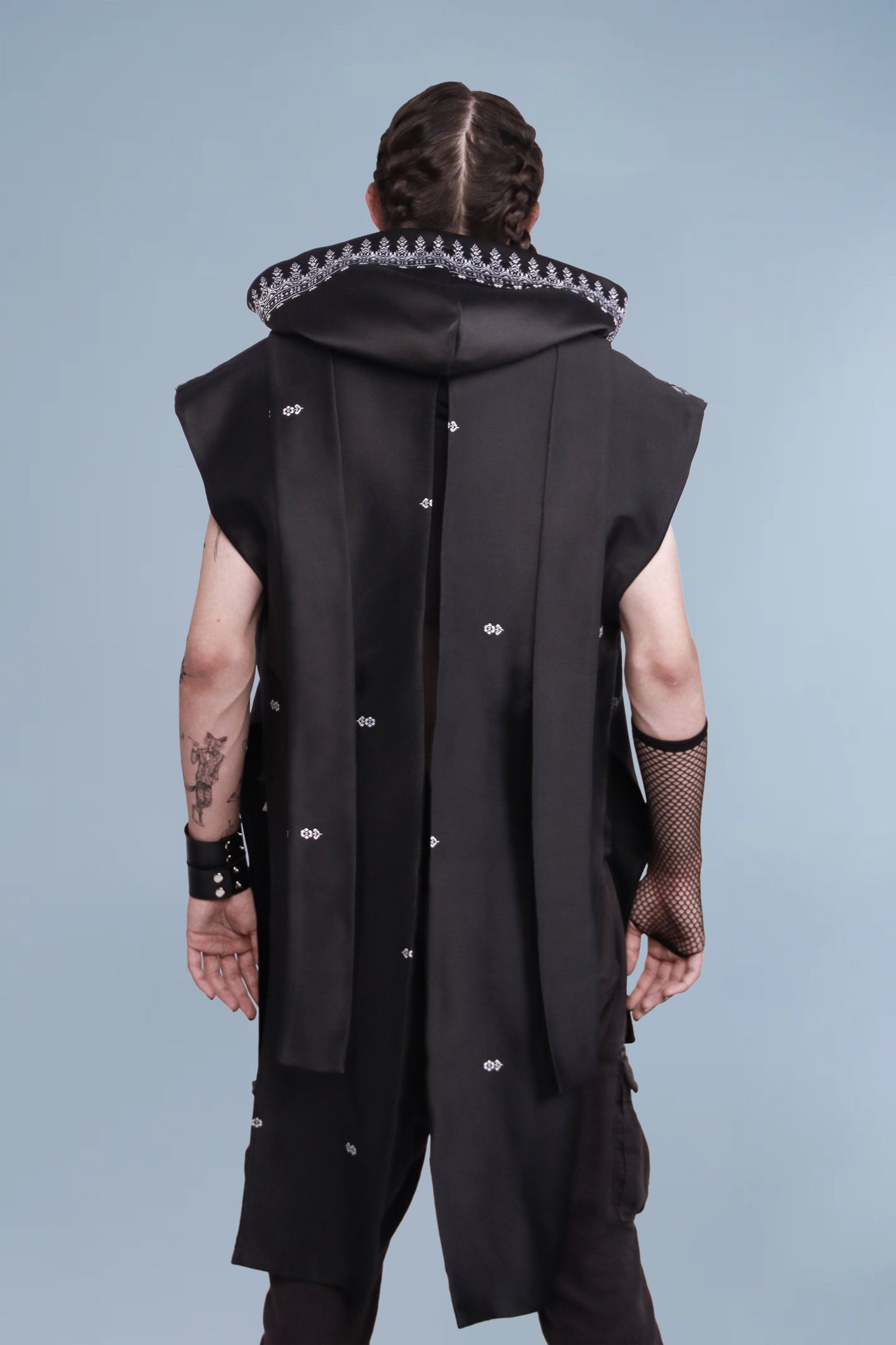 Shadow Black Sleeveless Hooded Cloak - Cambodian Blended Silk - Unisex