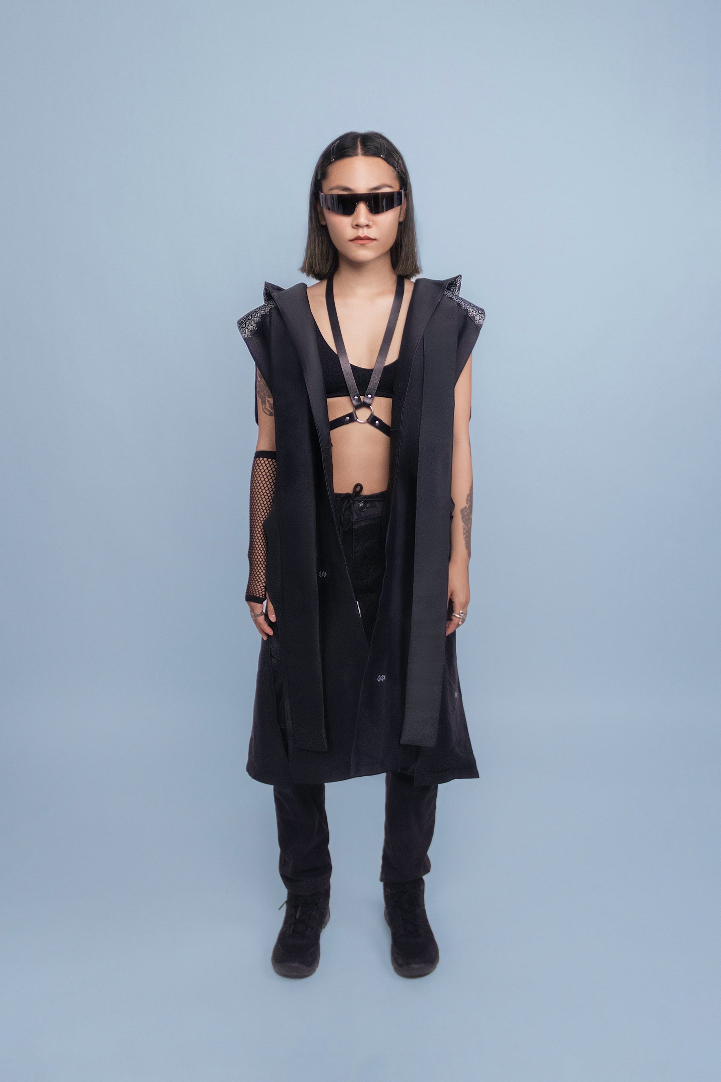 Shadow Black Sleeveless Hooded Cloak - Cambodian Blended Silk - Unisex