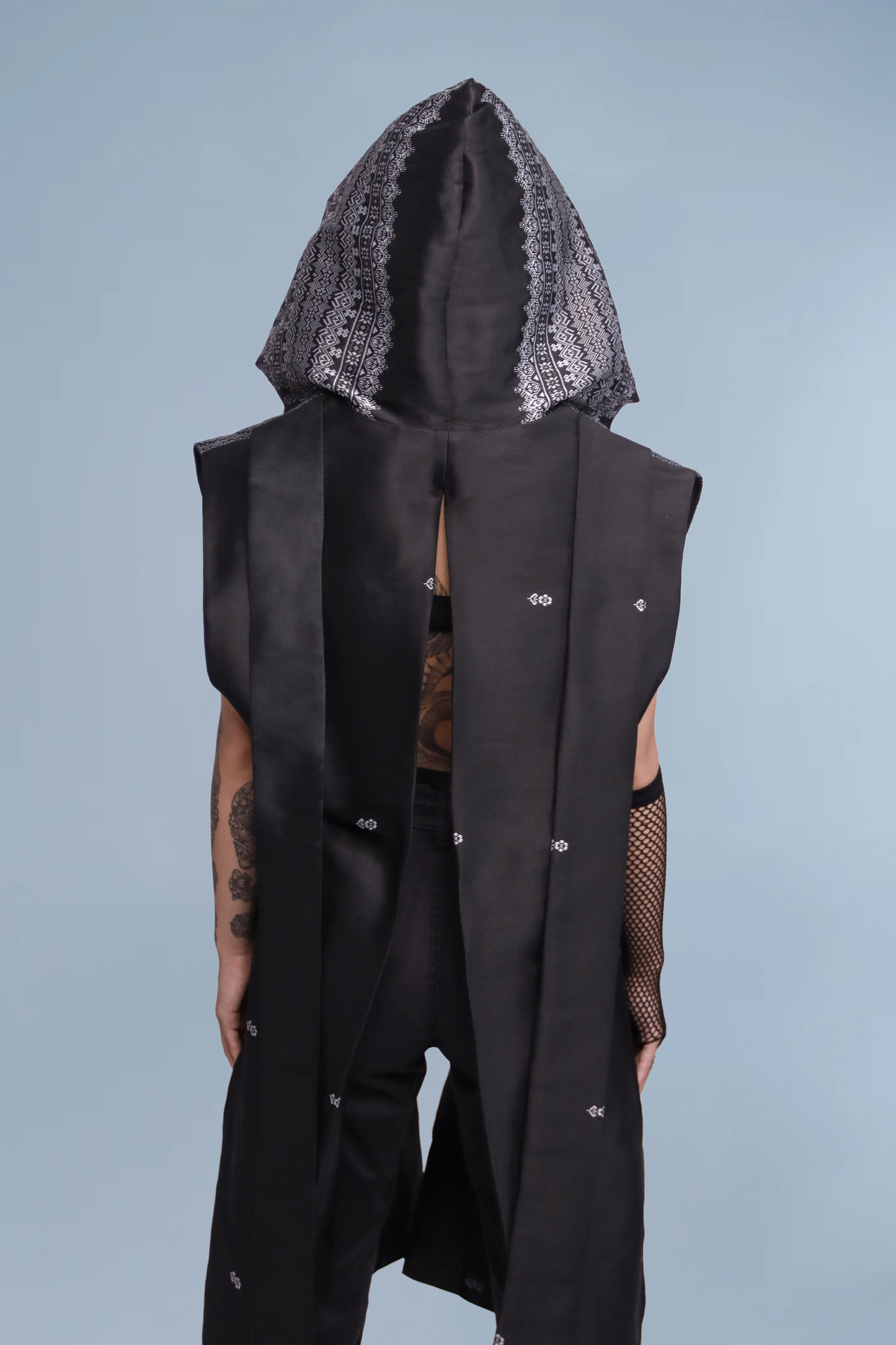 Shadow Black Sleeveless Hooded Cloak - Cambodian Blended Silk - Unisex