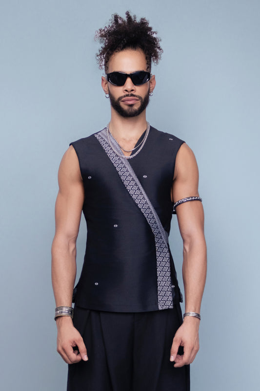 Reign Black Sleeveless Wrap Top - Cambodian Blended Silk - Unisex