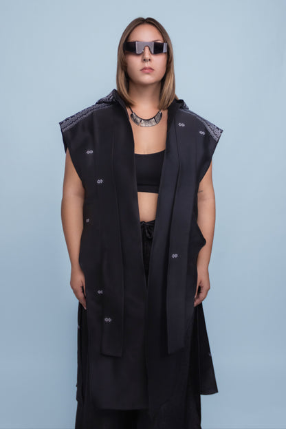 Shadow Black Sleeveless Hooded Cloak - Cambodian Blended Silk - Unisex