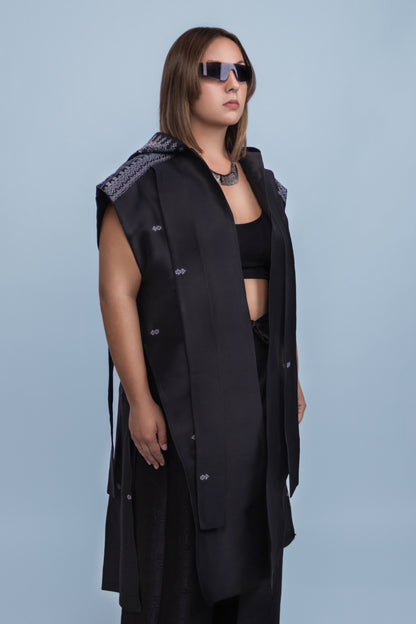 Shadow Black Sleeveless Hooded Cloak - Cambodian Blended Silk - Unisex