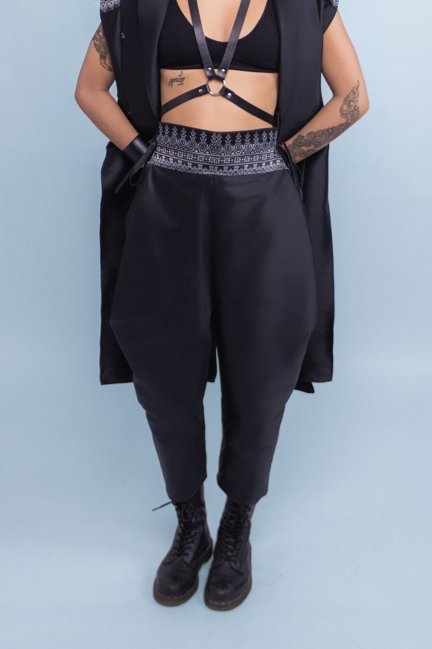 Dynasty Black Adjustable Wrap Pants - Cambodian Blended Silk - Unisex Free Size