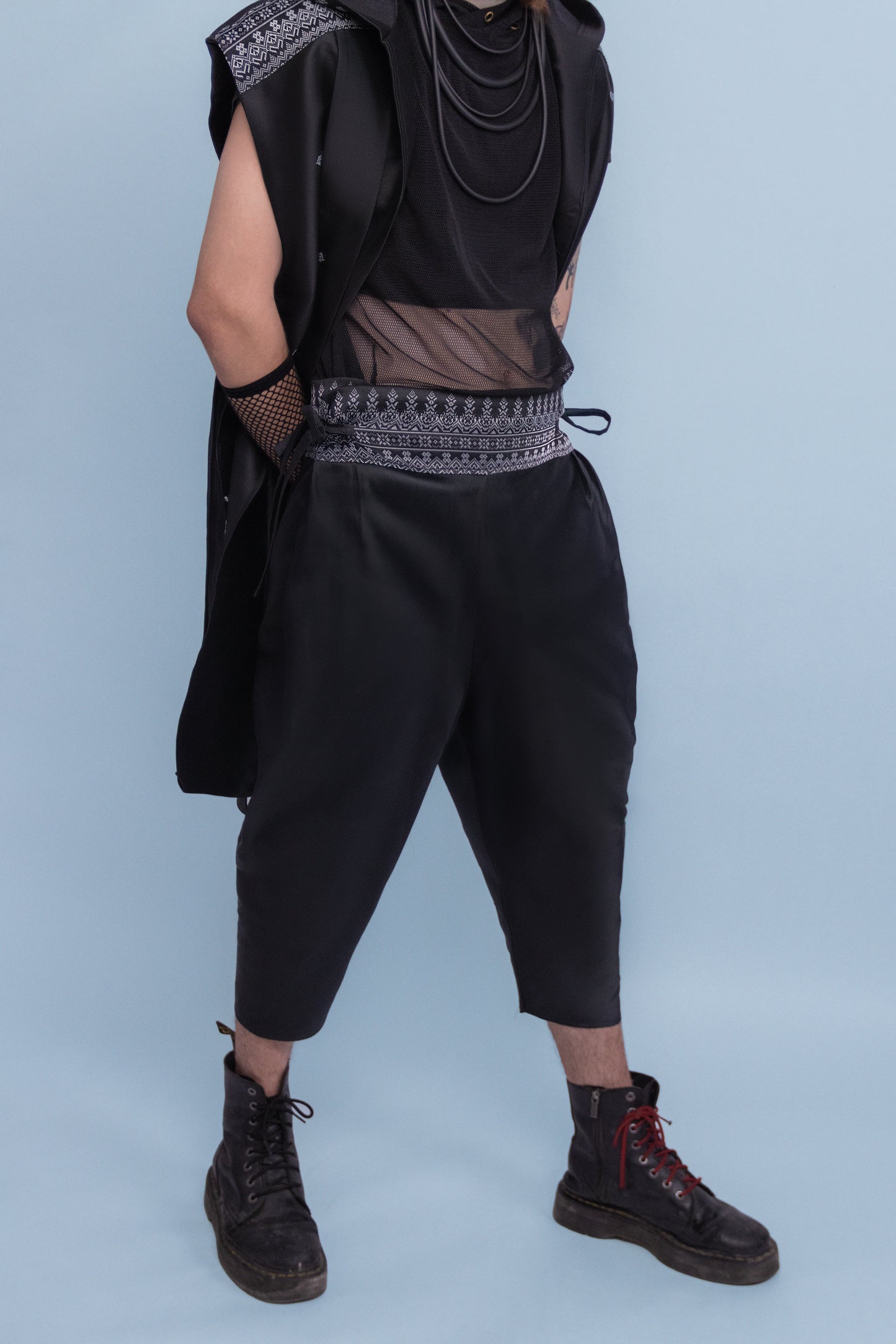 Dynasty Black Adjustable Wrap Pants - Cambodian Blended Silk - Unisex Free Size