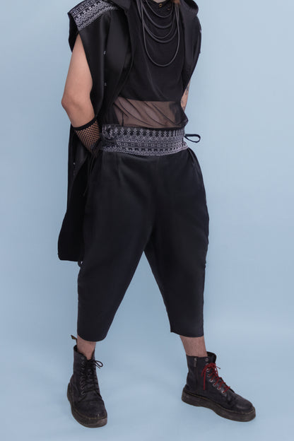 Dynasty Black Adjustable Wrap Pants - Cambodian Blended Silk - Unisex Free Size