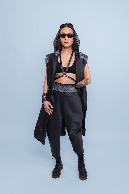 Dynasty Black Adjustable Wrap Pants - Cambodian Blended Silk - Unisex Free Size