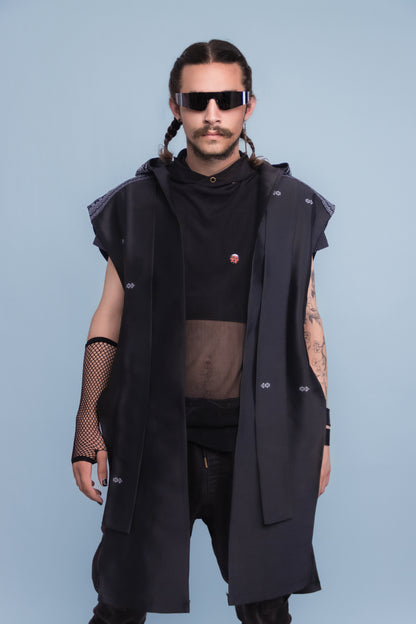 Shadow Black Sleeveless Hooded Cloak - Cambodian Blended Silk - Unisex