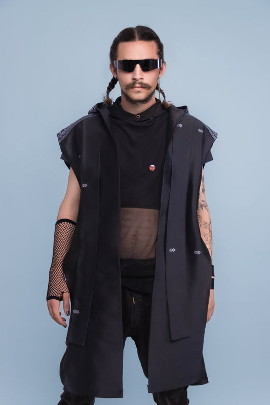 Shadow Black Sleeveless Hooded Cloak - Cambodian Blended Silk - Unisex