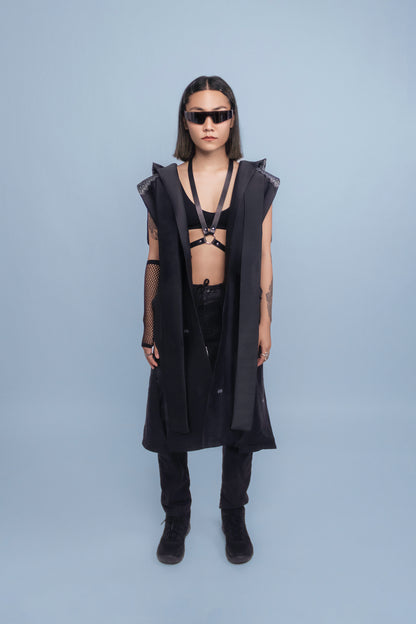 Shadow Black Sleeveless Hooded Cloak - Cambodian Blended Silk - Unisex