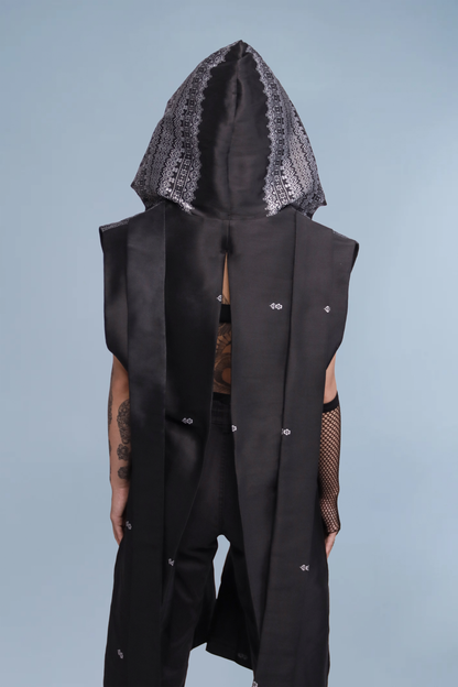Shadow Black Sleeveless Hooded Cloak - Cambodian Blended Silk - Unisex