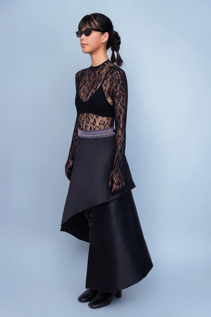 Mekong Black Asymmetrical Skirt - Cambodian Blended Silk - Unisex