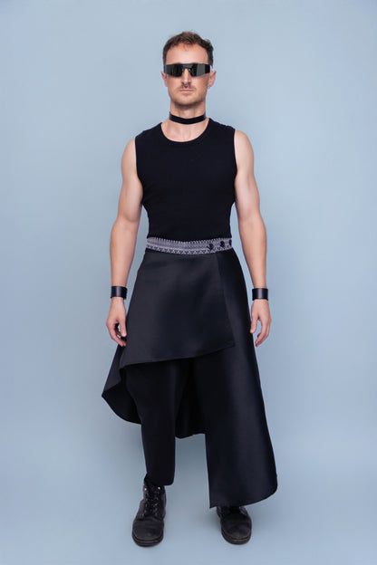 Mekong Black Asymmetrical Skirt - Cambodian Blended Silk - Unisex