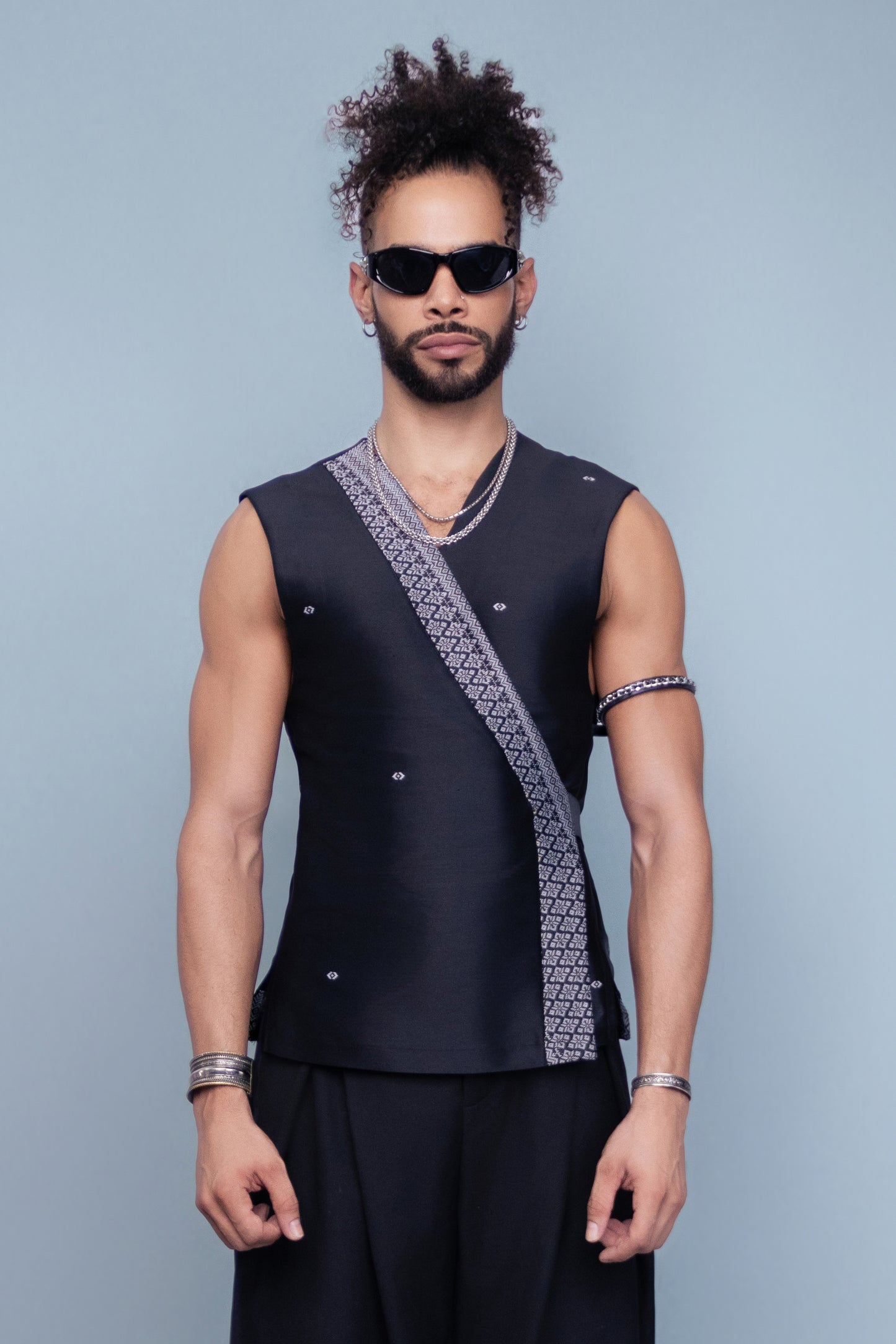 Reign Black Sleeveless Wrap Top - Cambodian Blended Silk - Unisex