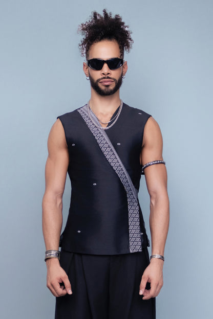 Reign Black Sleeveless Wrap Top - Cambodian Blended Silk - Unisex