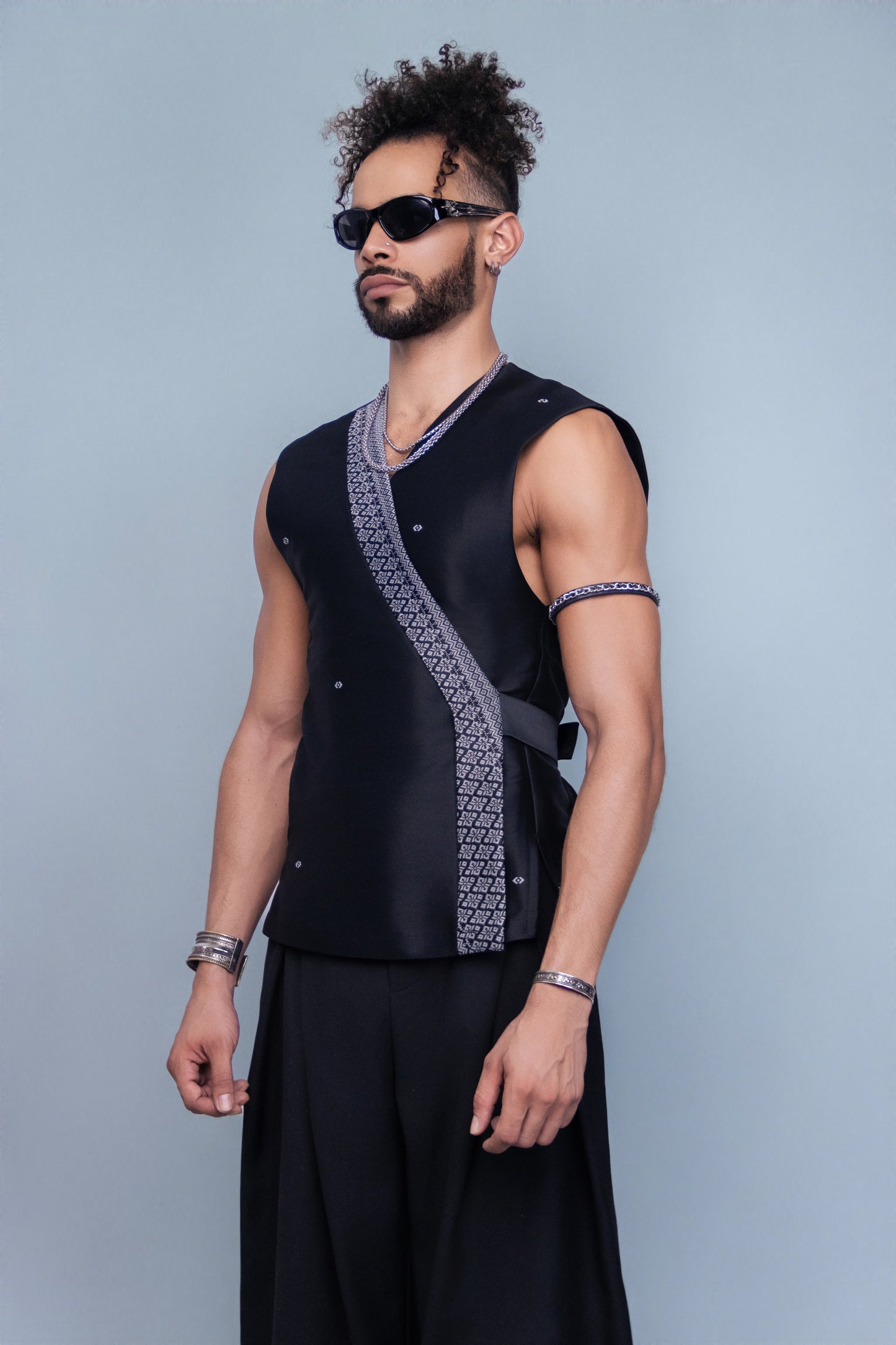 Reign Black Sleeveless Wrap Top - Cambodian Blended Silk - Unisex