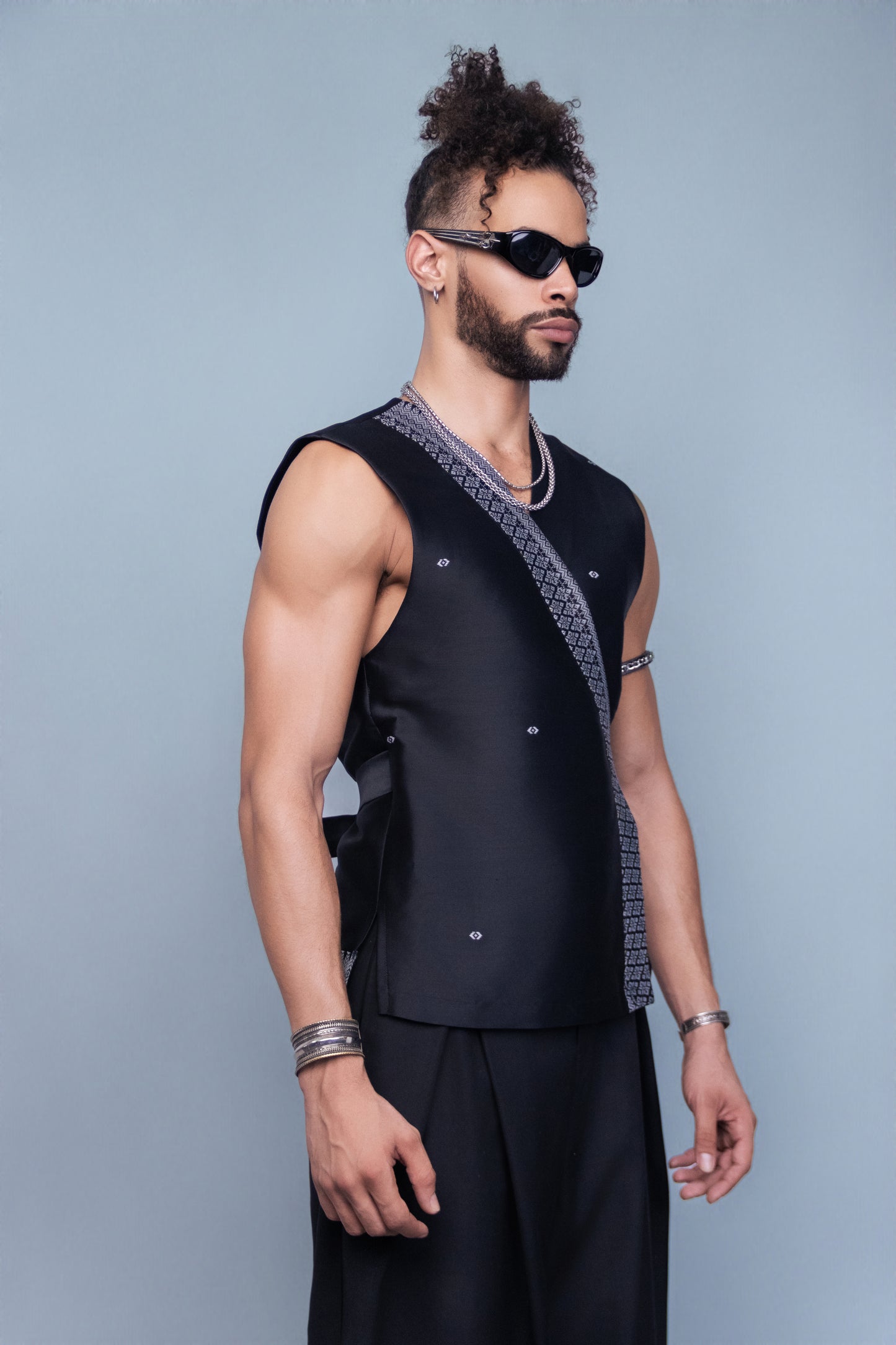 Reign Black Sleeveless Wrap Top - Cambodian Blended Silk - Unisex
