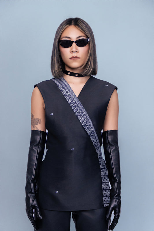 Reign Black Sleeveless Wrap Top - Cambodian Blended Silk - Unisex