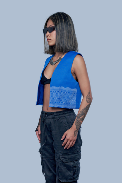 Empire Blue Vest - Cambodian Blended Silk - Women