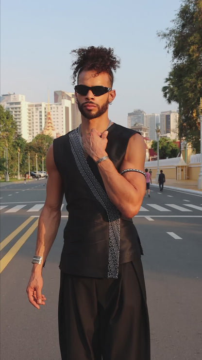 Reign Black Sleeveless Wrap Top - Cambodian Blended Silk - Unisex